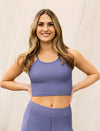 Purple ribbed halter crop top