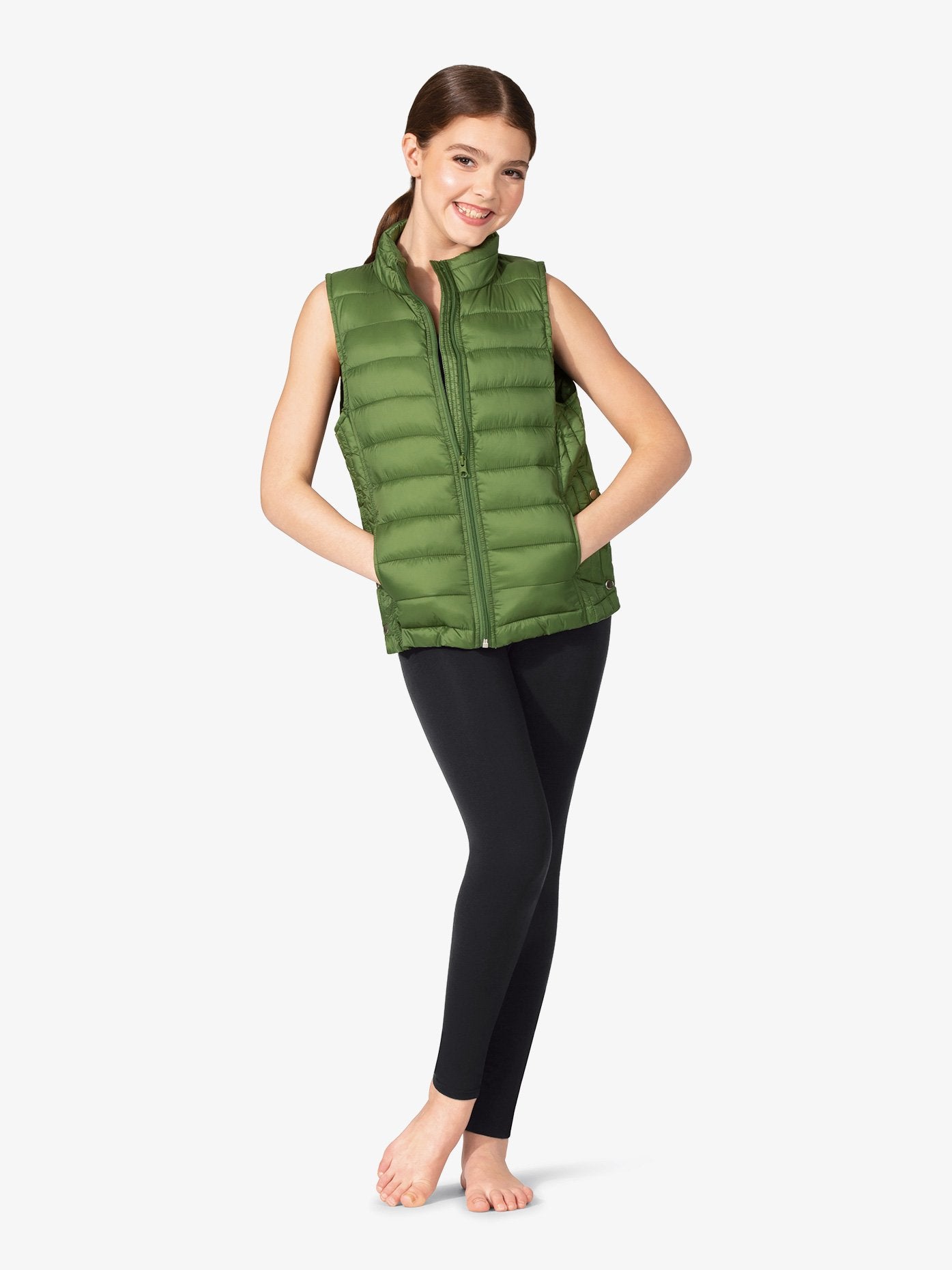 Girls Sleeveless Puffy Warm-Up Green Vest