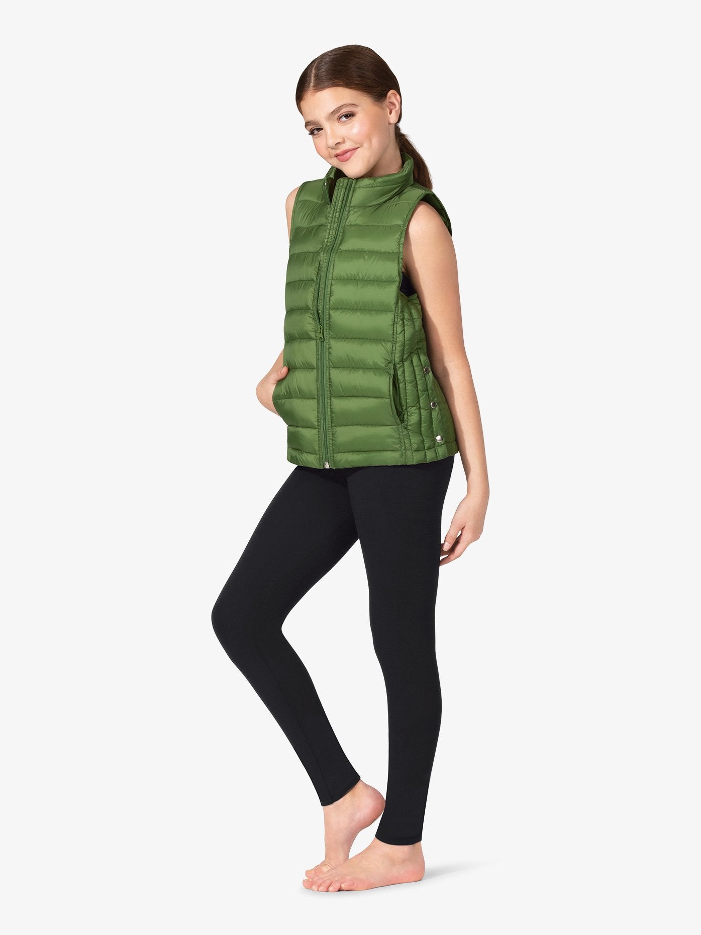 Girls Sleeveless Puffy Warm-Up Green Vest