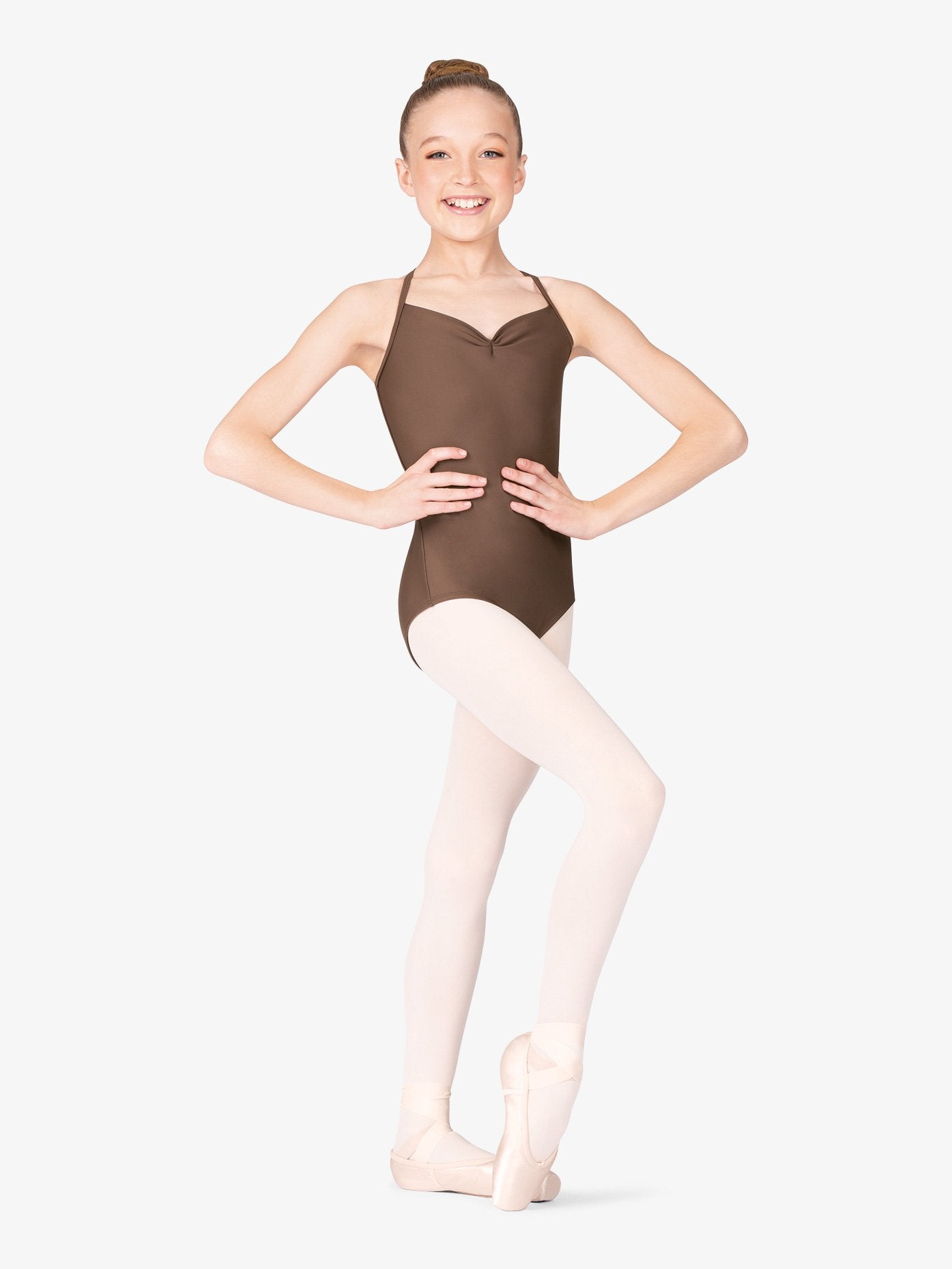 Girl's pinch front crisscross back camisole brown leotard 