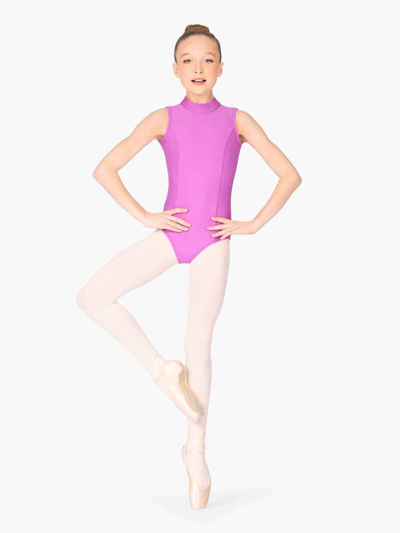 Girls Mock Neck Pink Tank Leotard