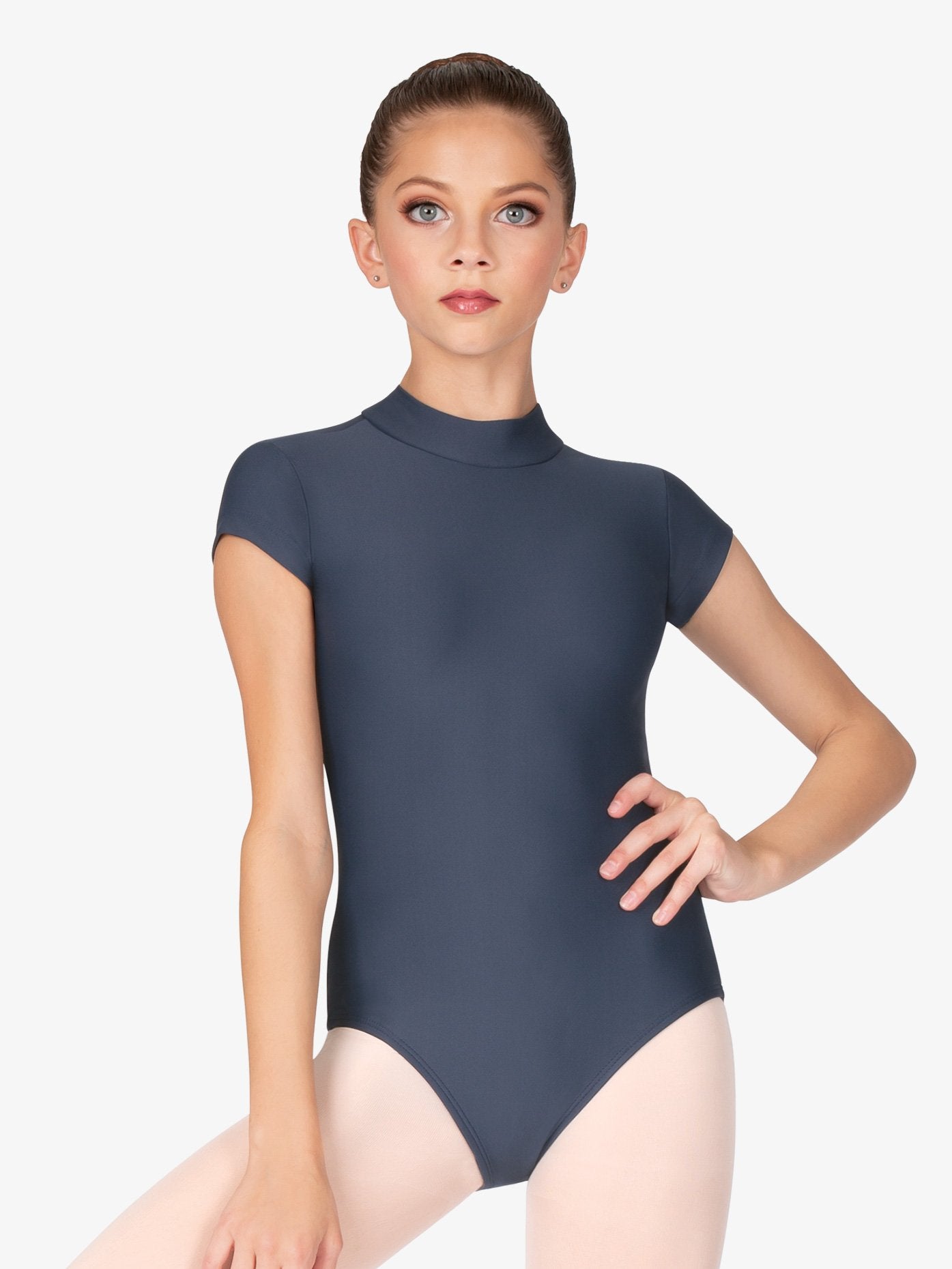 Girls Mock Neck Cap Sleeve Grey Leotard