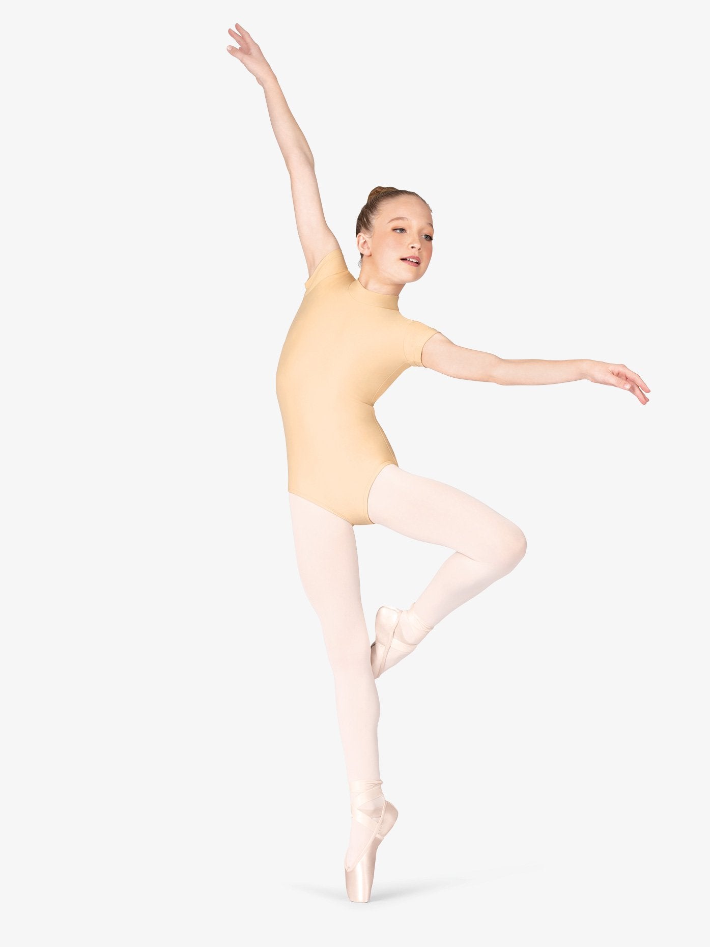 Girls Mock Neck Cap Sleeve Beige Leotard