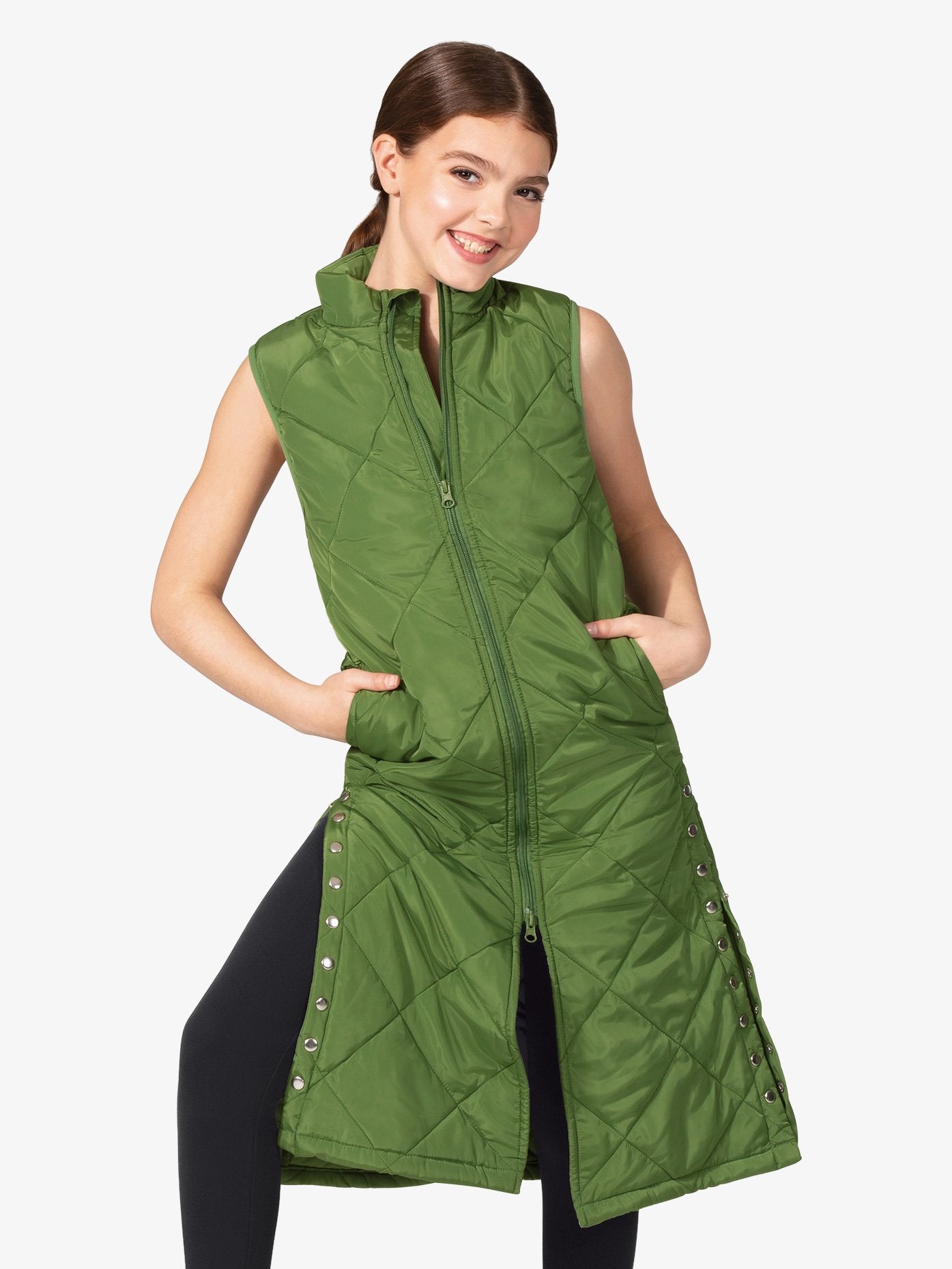 Girls Long Zip Up Warm Up Green Vest