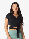 Womens Short Sleeve Butter-Soft Wrap Waist Crop Top in Black