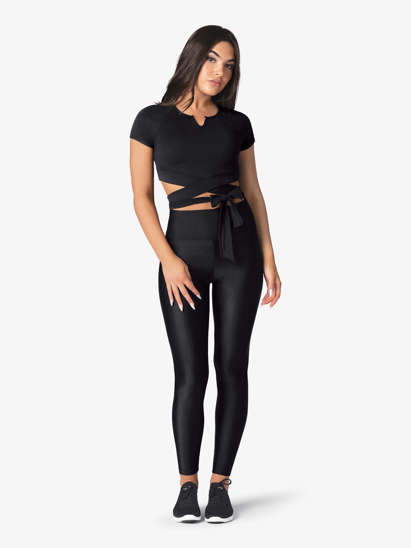 Womens Short Sleeve Butter-Soft Wrap Waist Crop Top in Black