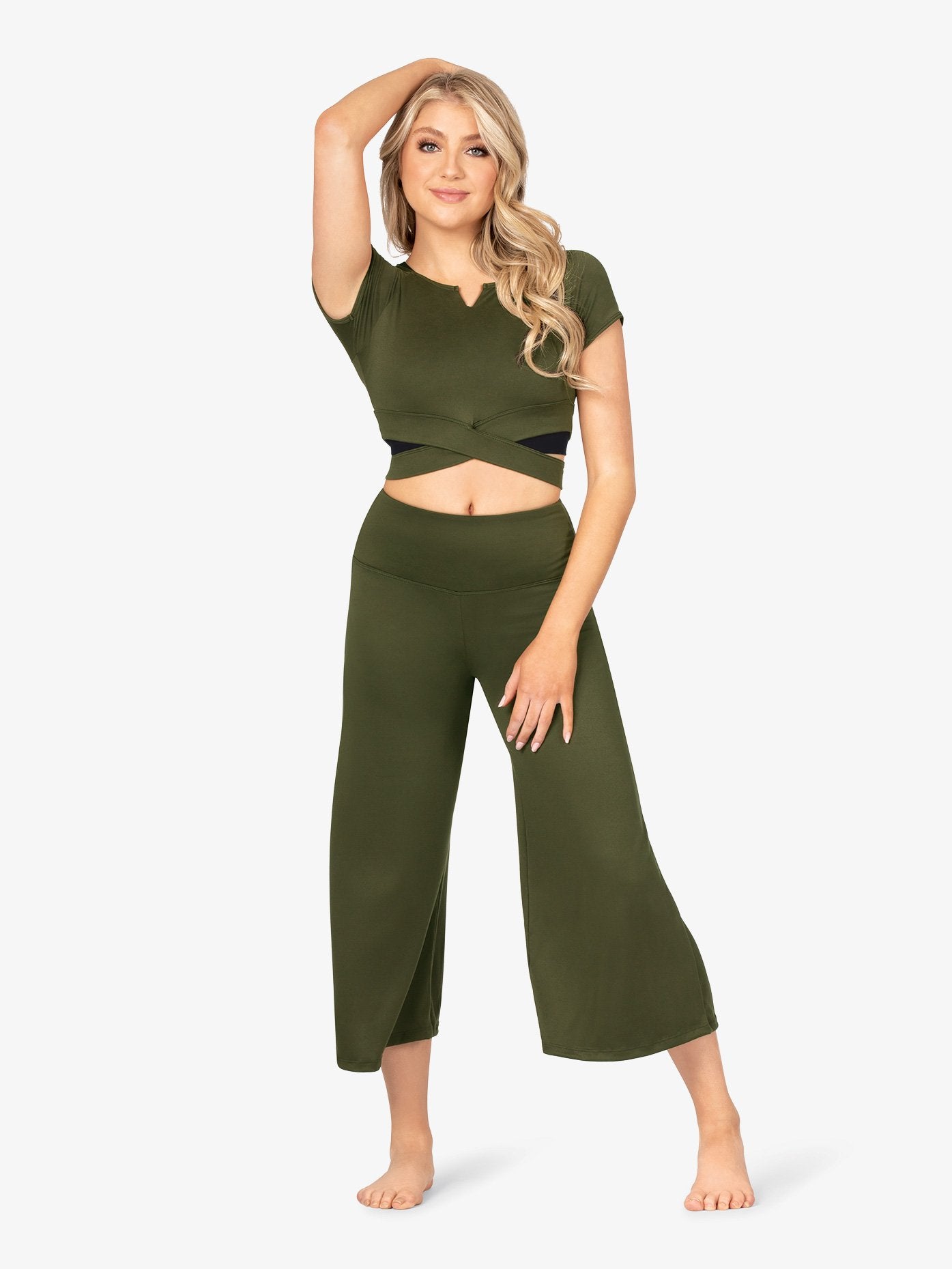 Womens Short Sleeve Butter-Soft Wrap Waist Crop Top in Green