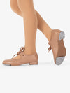 Girls' vegan tan tap shoes with ribbon tie for secure fit