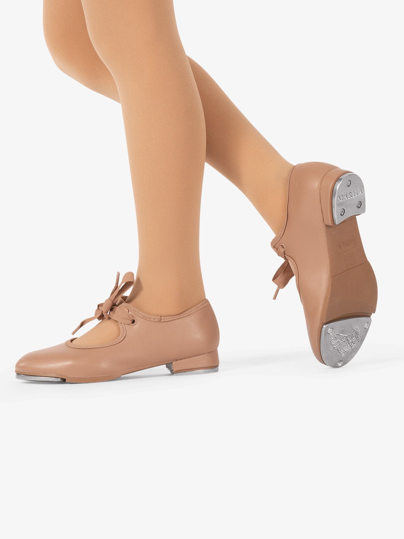 Girls' vegan tan tap shoes with ribbon tie for secure fit