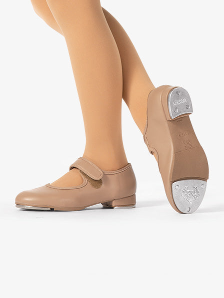 Girls' vegan tan tap shoes with Velcro strap for easy wear and eco-friendly design