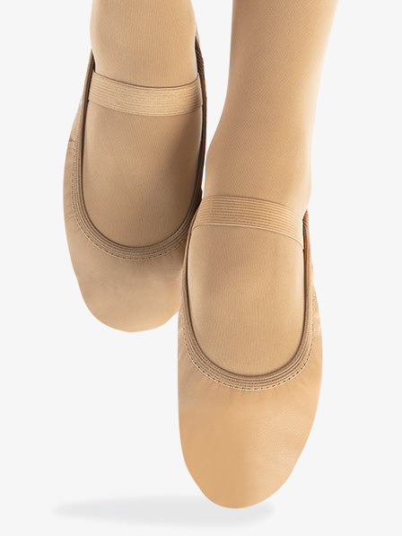 Womens' premium leather tan ballet shoes with full sole for durability and classic style