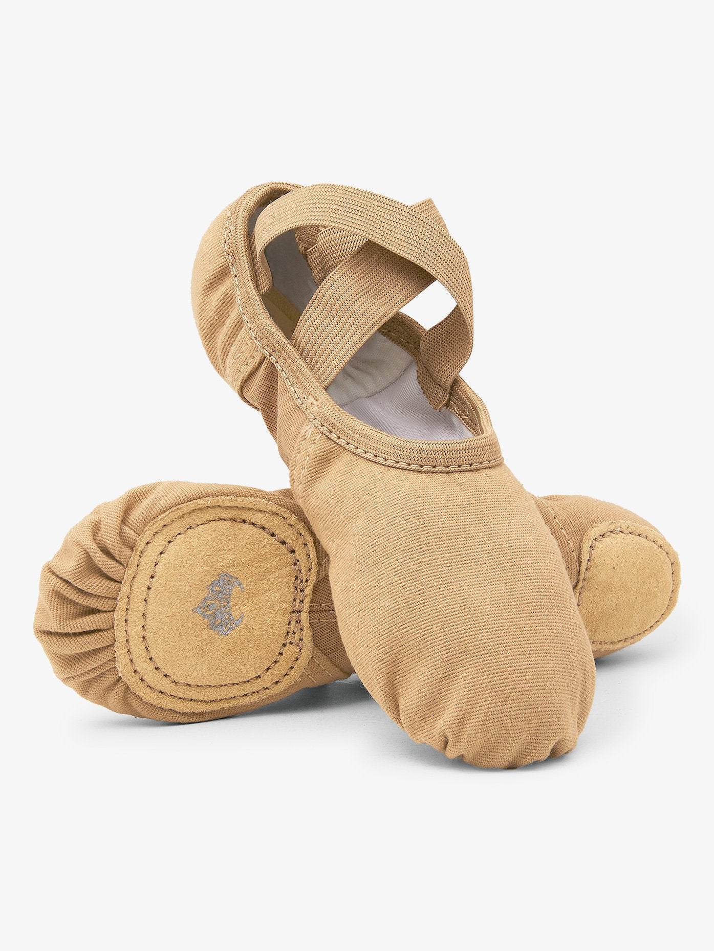 Women's canvas tan ballet shoes with nylon spandex insert and split sole for optimal flexibility and comfort