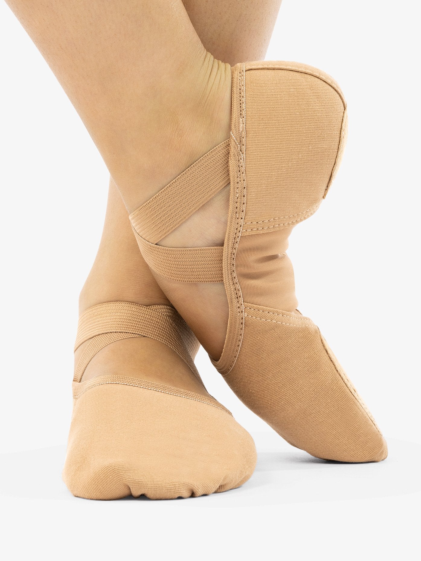 Women's canvas tan ballet shoes with nylon spandex insert and split sole for optimal flexibility and comfort