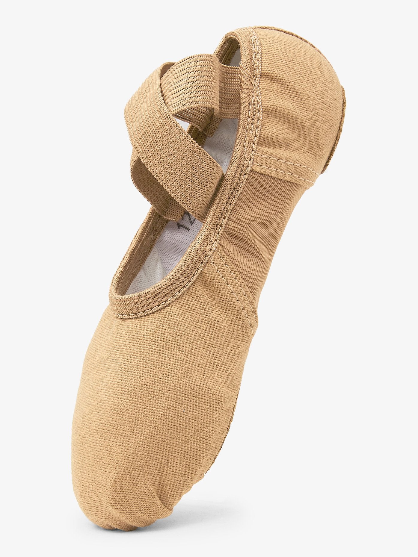 Women's canvas tan ballet shoes with nylon spandex insert and split sole for optimal flexibility and comfort