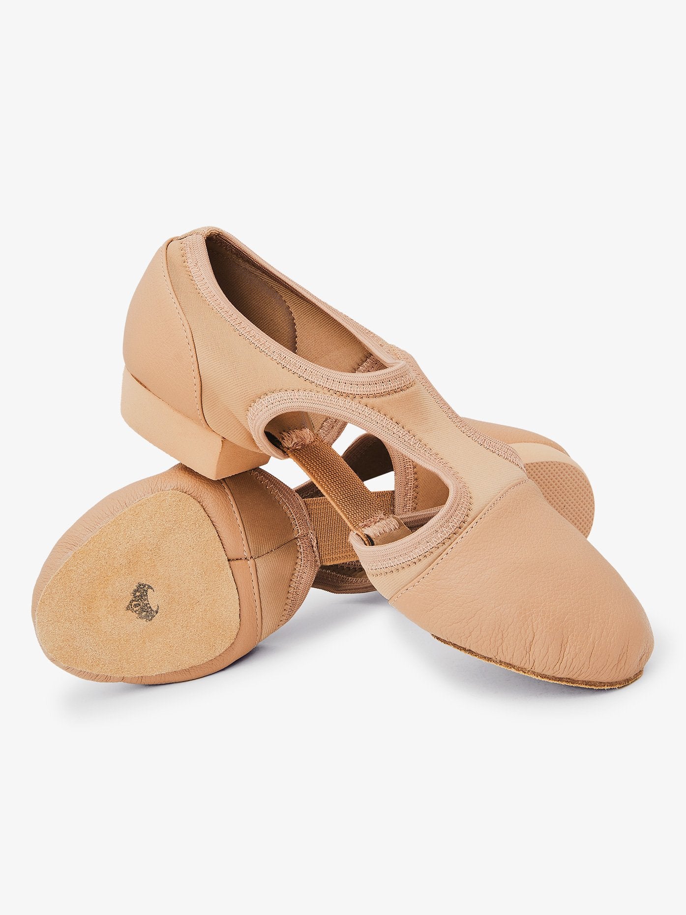 Women's tan leather and neoprene modern teaching shoes with comfortable and versatile design