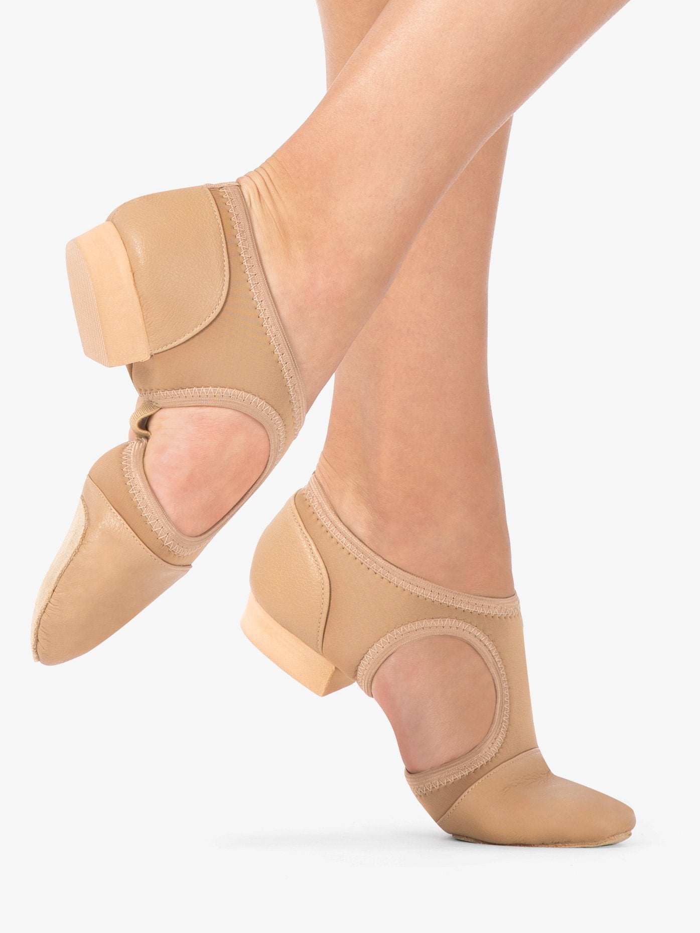 Women's tan leather and neoprene modern teaching shoes with comfortable and versatile design