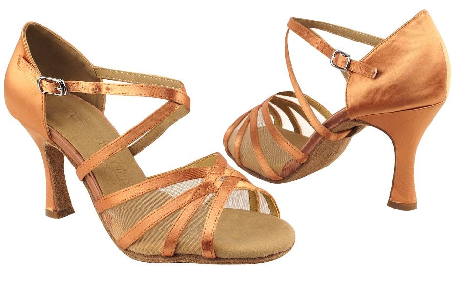 Tan Satin & Flesh Mesh ballroom heels: graceful and breathable footwear