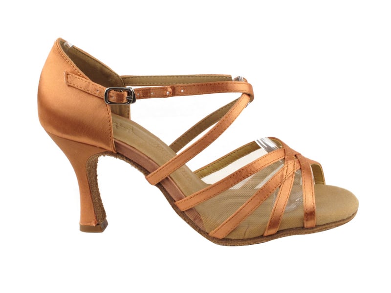 Tan Satin & Flesh Mesh ballroom heels: graceful and breathable footwear