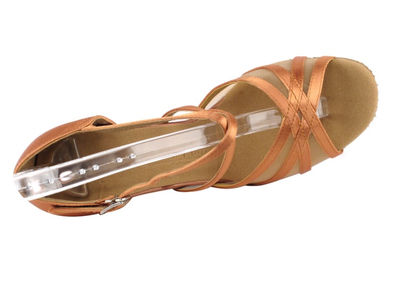 Tan Satin & Flesh Mesh ballroom heels: graceful and breathable footwear