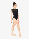 Women's scallop lace mock neck open back black leotard