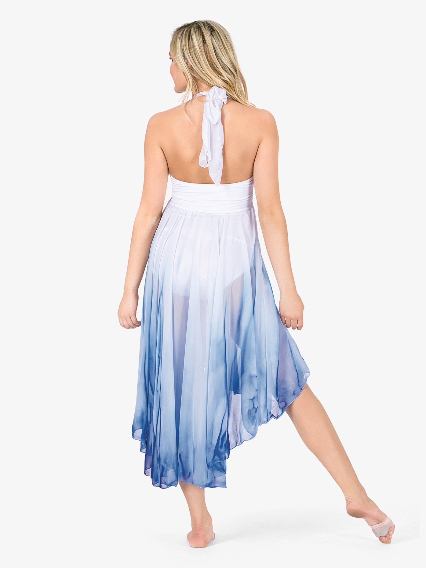 Women's hand-painted blue and white high-low lyrical dress with artistic design