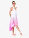 Women's hand-painted pink and white high-low lyrical dress with artistic design