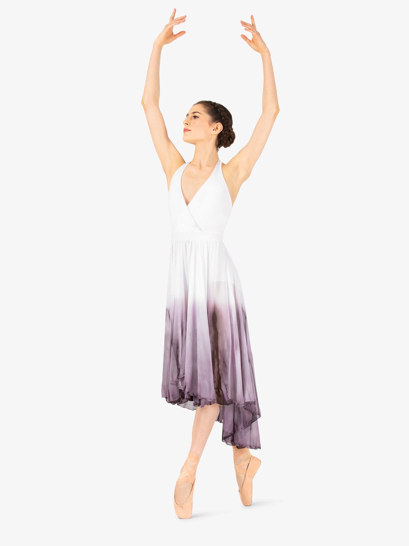 Women's hand-painted purple and white high-low lyrical dress with artistic design