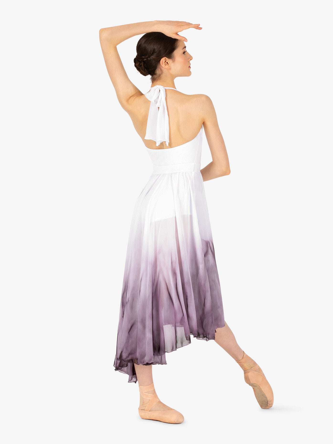 Women's hand-painted purple and white high-low lyrical dress with artistic design