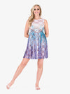 Women’s hand-painted lace lyrical dress in teal and purple with artistic detailing