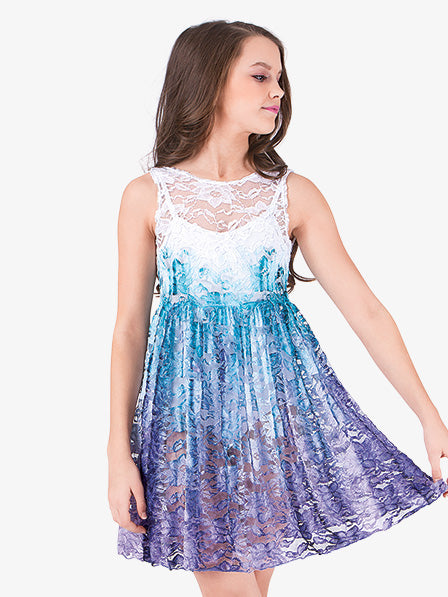 Girl's hand-painted lace lyrical dress in teal and purple with artistic detailing