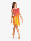 Women's hand-painted multicolor V-back dress with stylish belt accent