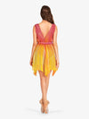 Women's hand-painted multicolor V-back dress with stylish belt accent