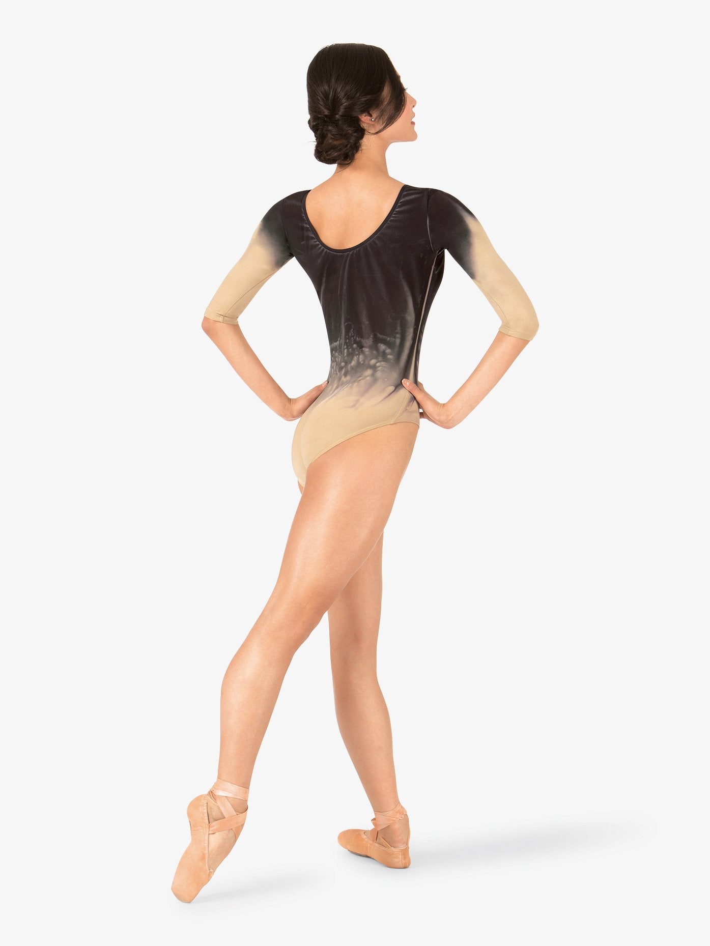 Women's hand-painted black and tan boatneck 3/4 sleeve leotard with artistic flair