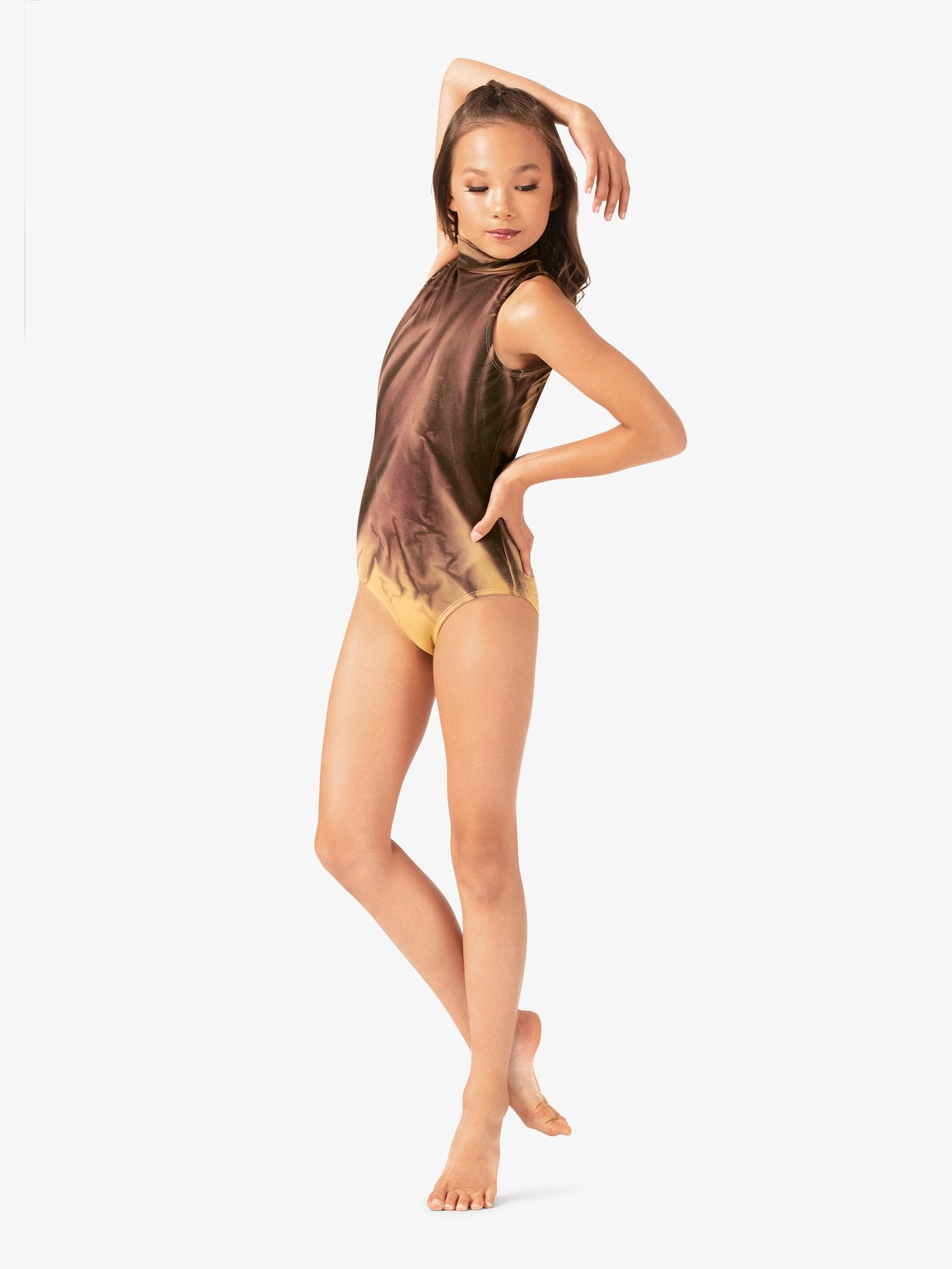 Girl's hand-painted black and tan mock neck tank leotard featuring unique artistic design