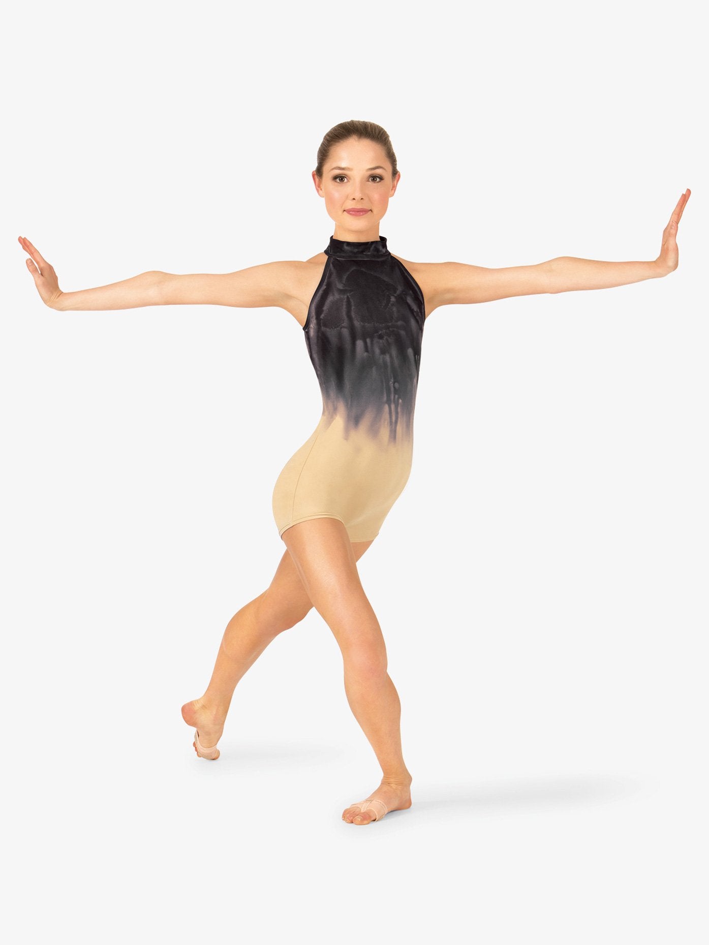 Black and tan women's hand-painted halter shorty unitard with artistic detailing