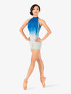 Blue and white women's hand-painted halter shorty unitard with artistic detailing