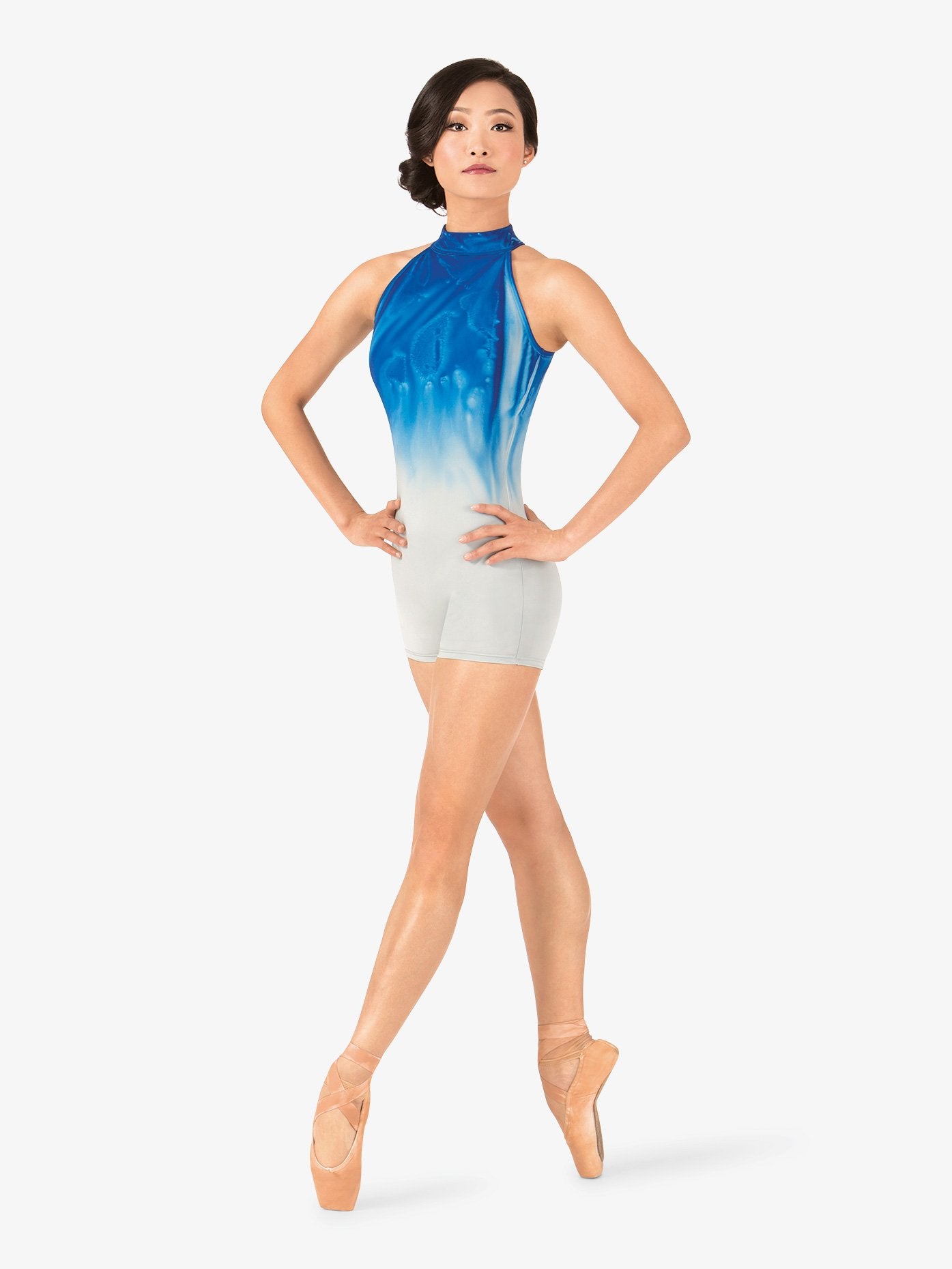 Blue and white women's hand-painted halter shorty unitard with artistic detailing