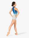 Blue and white women's hand-painted halter shorty unitard with artistic detailing