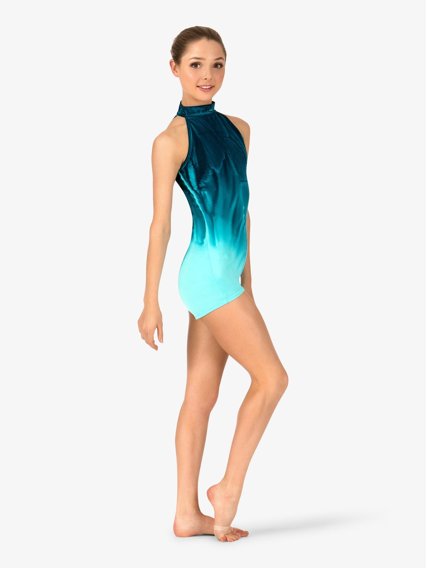 Blue women's hand-painted halter shorty unitard with artistic detailing