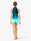 Blue women's hand-painted halter shorty unitard with artistic detailing