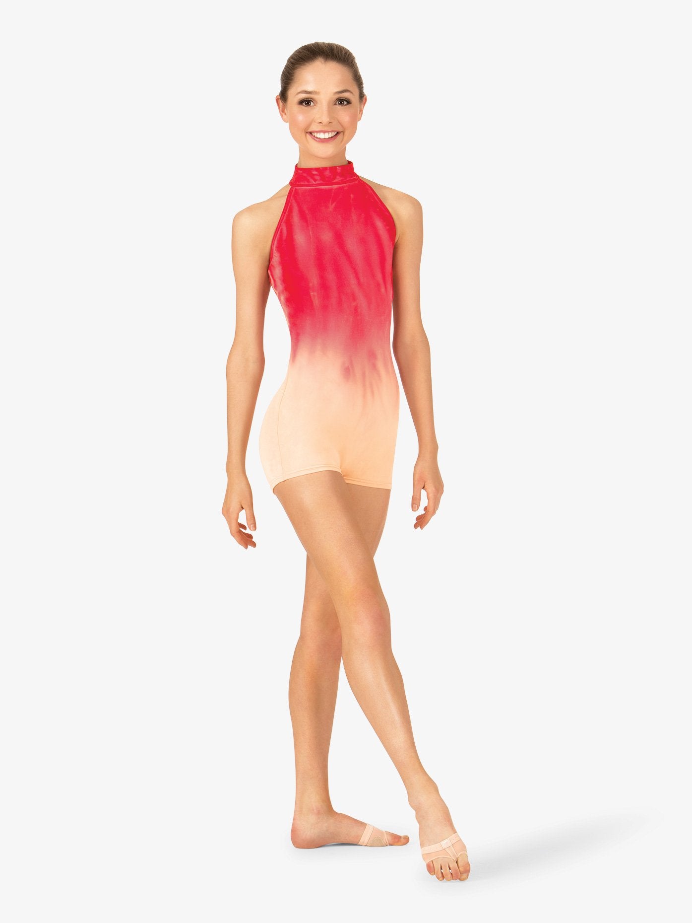 Red and white women's hand-painted halter shorty unitard with artistic detailing