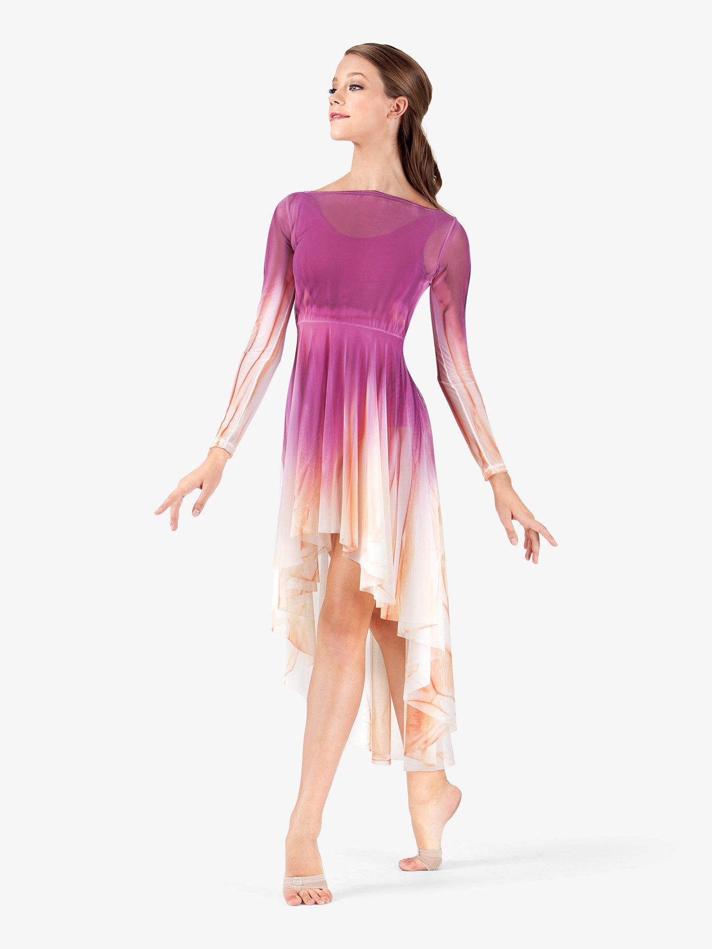 Girl's hand-painted long-sleeve lyrical mesh dress showcasing artistic design