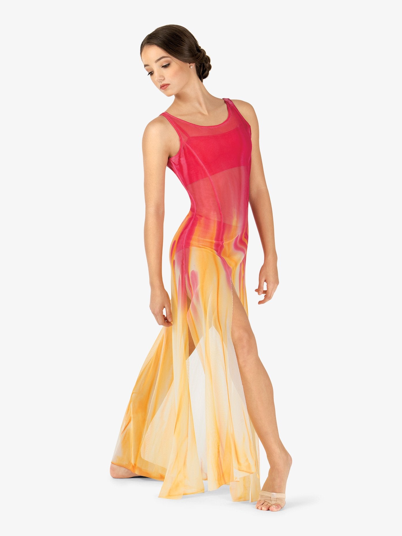 Women's hand-painted long tank mesh lyrical dress with intricate artistic design