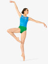 Blue and green women's hand-painted boat neck tank leotard
