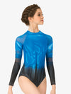 Hand-painted blue and black women's mesh long sleeve leotard