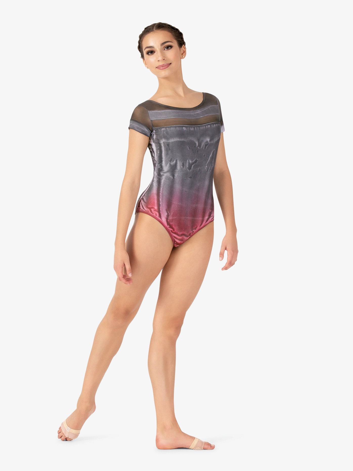 Hand-painted grey and pink women's short sleeve leotard