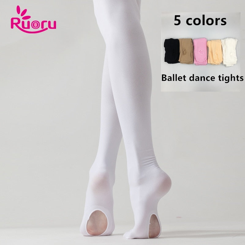 Ruoru Professional Kids Children Girls Adult Ballet Tights White Ballet Dance Leggings Pantyhose with Hole Nude Black Stocking - AZ Dance Store